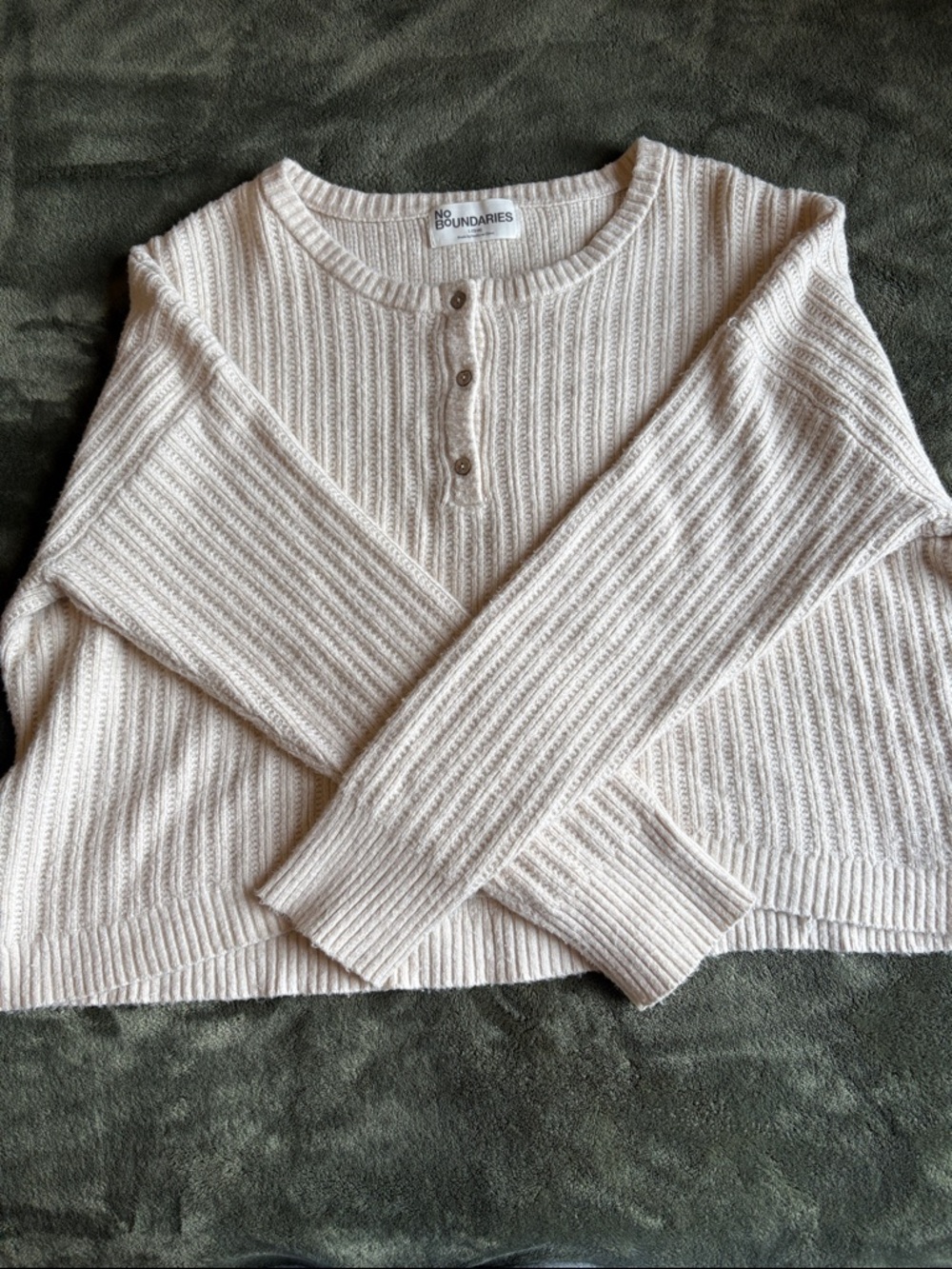 No Boundaries Cream Ribbed Henley Crew Sweater
